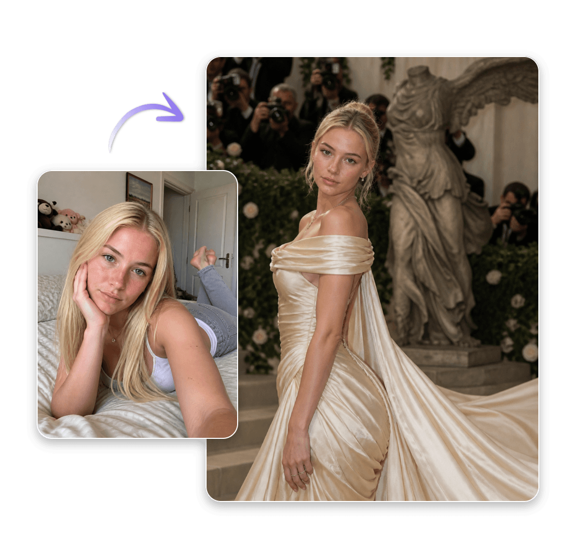 Use ai to turn a womans photo into a met gala red carpet photo