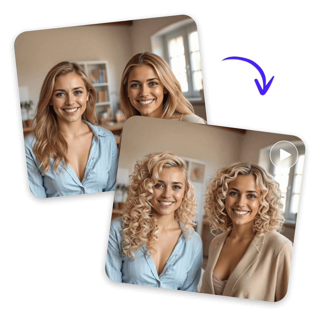Use ai to turn images of two straight haired girls into a video of curly haired girls