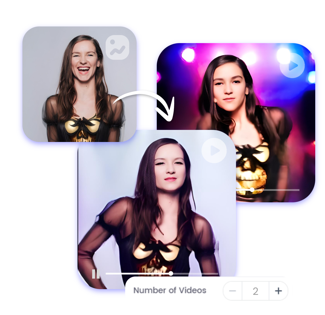 Utilize o clipfly ai image to video para converter uma imagem de uma senhora com um vestido preto e dourado em vários vídeos de dança
