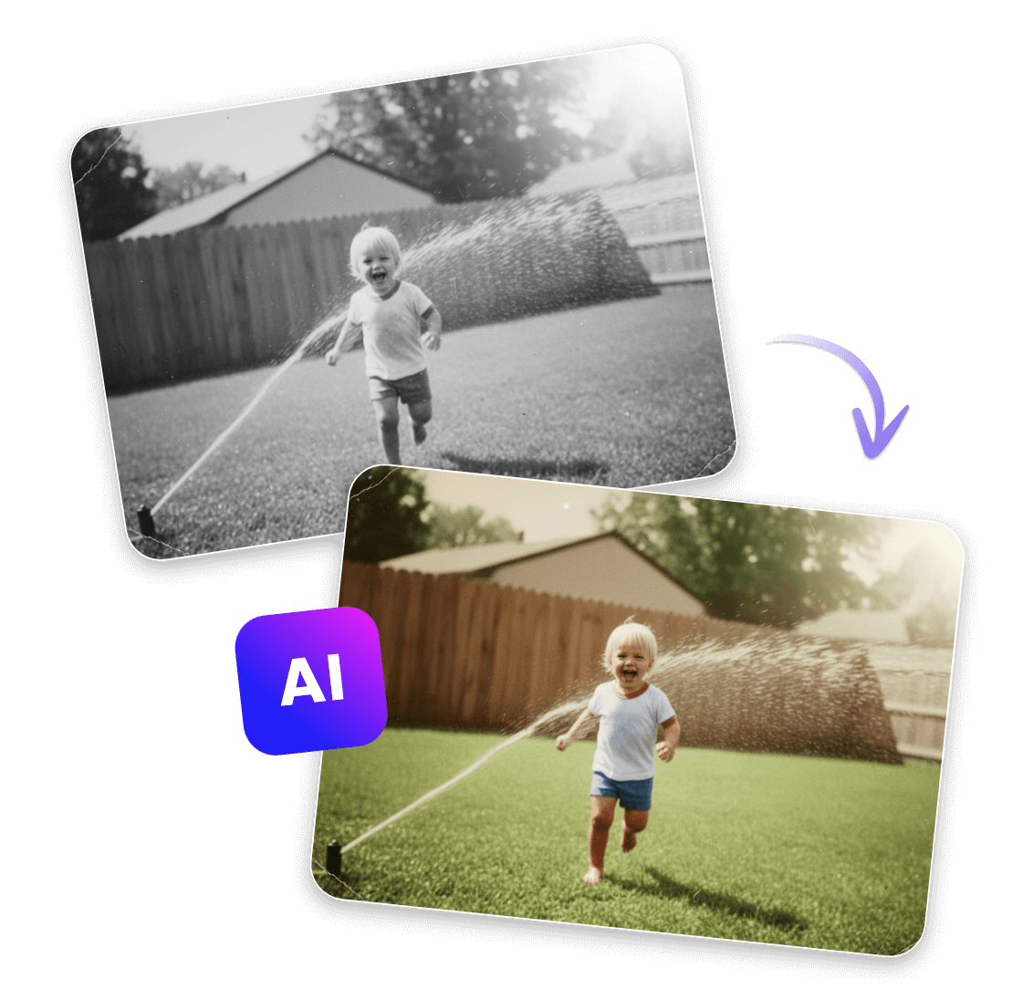 Use clipfly ai photo colorizer to converte a black and white photo featuring a running little boy
