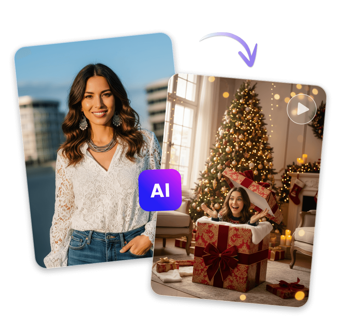 Utiliser le créateur de vidéo Noël de Clipfly pour transformer un portrait de femme en une vidéo de Joyeux Noël animée