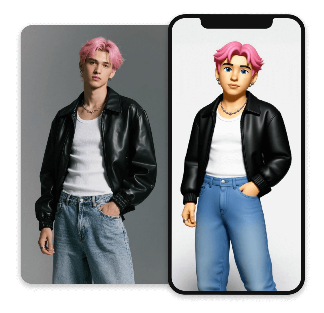 Use clipfly free emoji generator to make 3d emoji for the cool man with pink hair