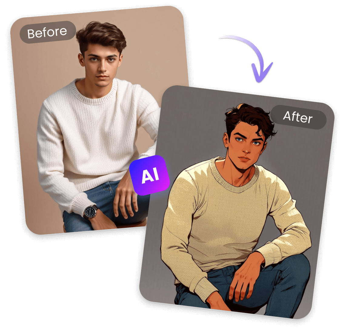 Use image to image ai generator to turn a man into anime style in one click