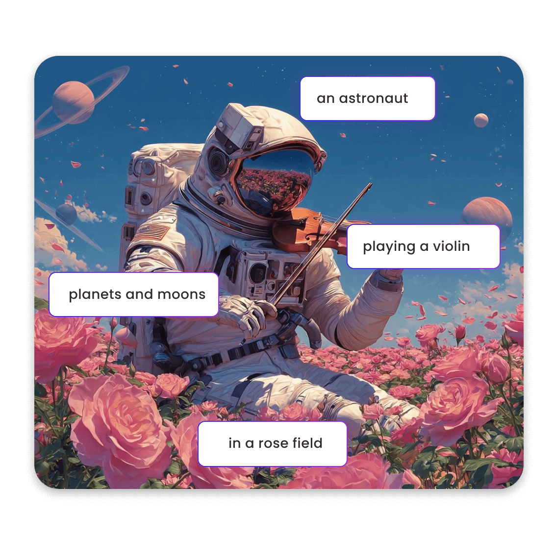 Utiliser Nano Banana Pro pour générer un astronaute assis parmi les fleurs en train de jouer du violon