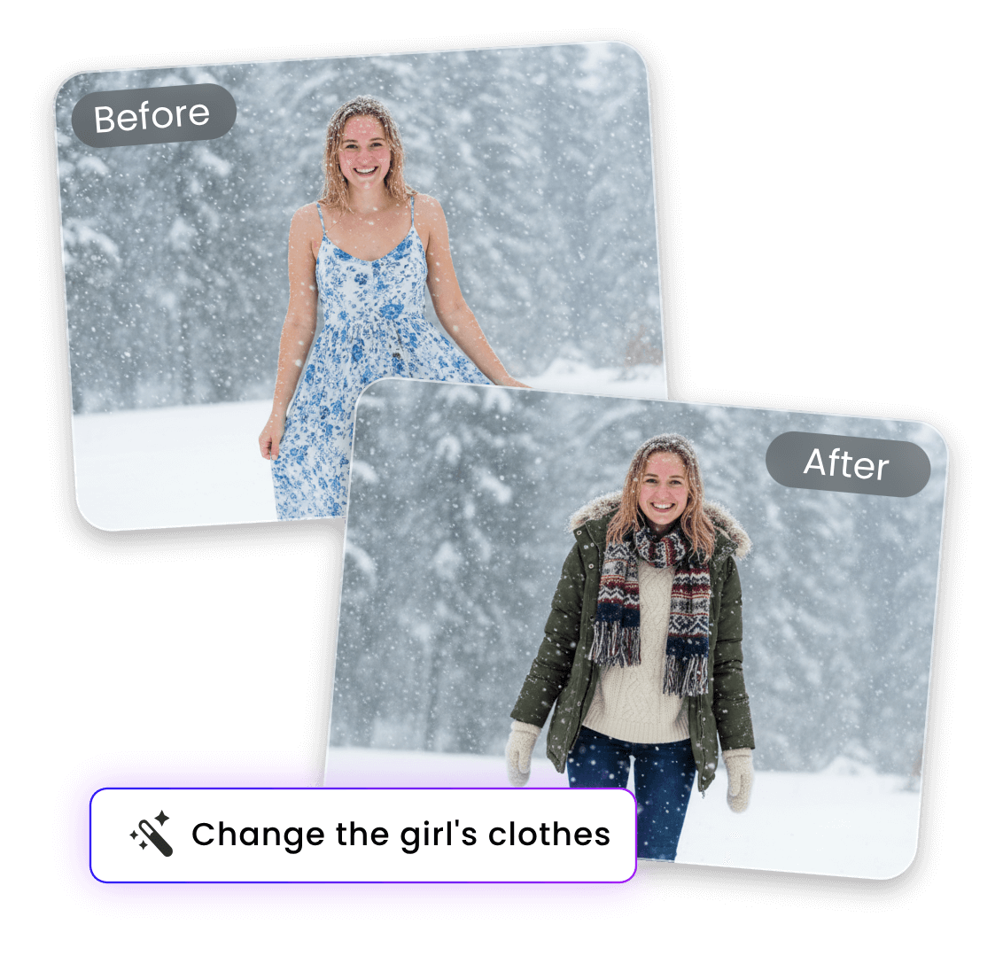 女の子の写真の無地の濃紺背景を雪景色に変更