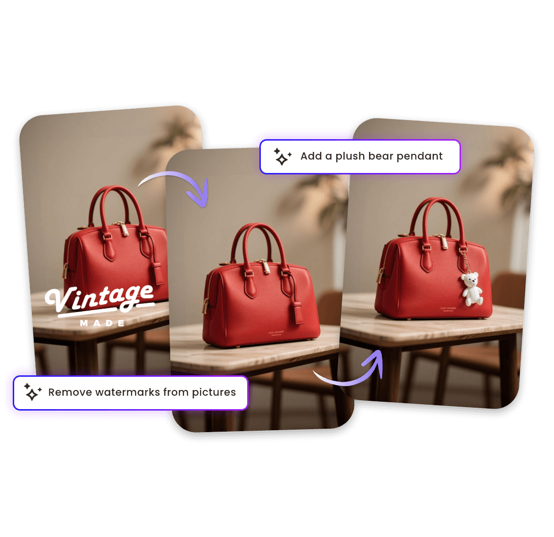 Use text prompt to remove stamp from a product photo of a red bag and then add a plush bear on the bag