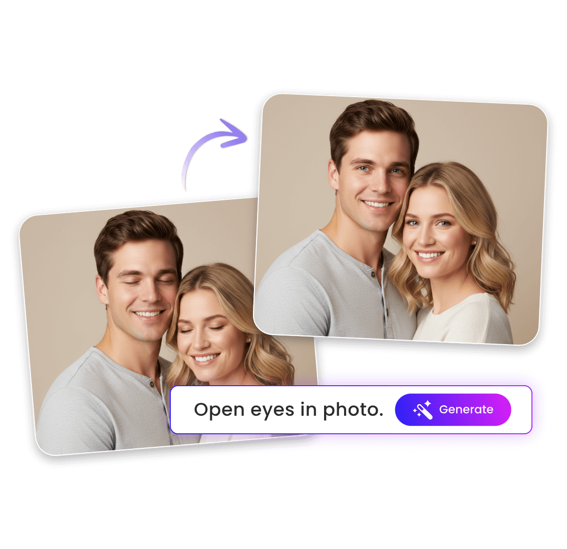 写真の中で目を閉じているカップルの目をプロンプトで開く