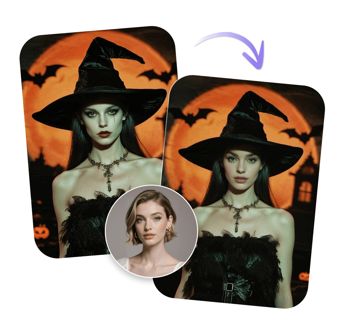 Mit dem KI-Hexen-Generator von Clipfly wird ein realistisches Hexen-Aussehen im Bild erzeugt