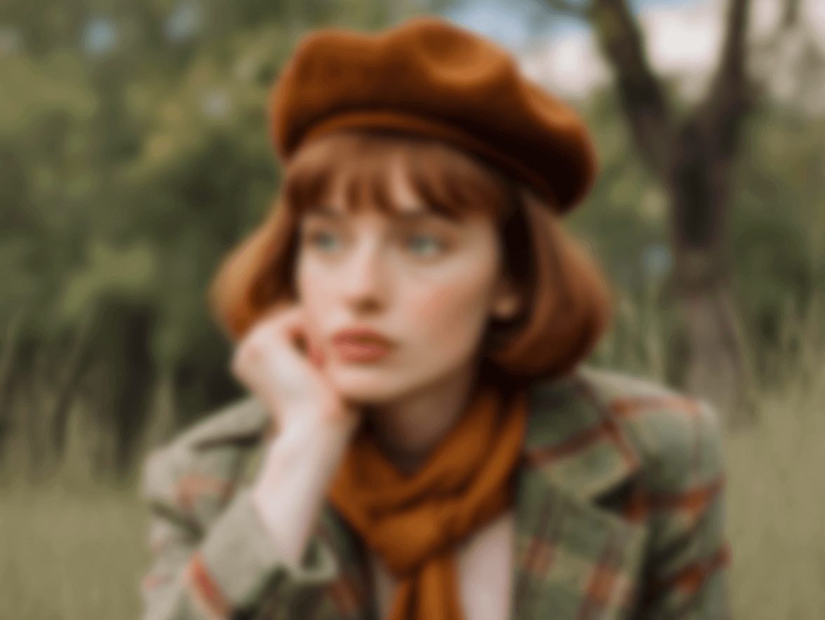 Una imagen original borrosa y de baja calidad de una chica con boina