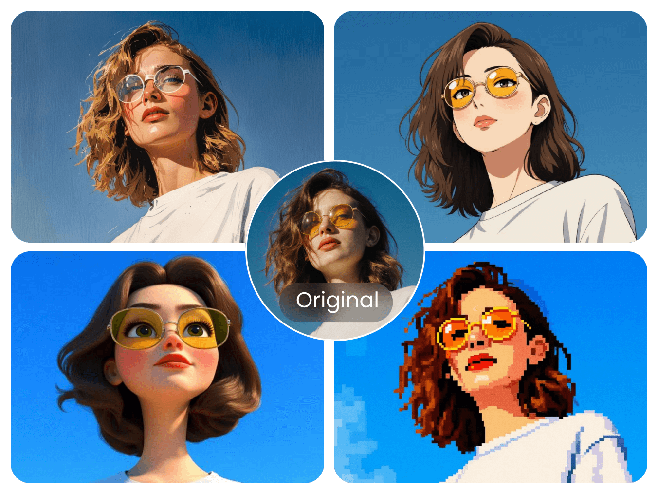 Clipfly AI filter featuring transferring an image into cartoon anime comics and pxiel art style