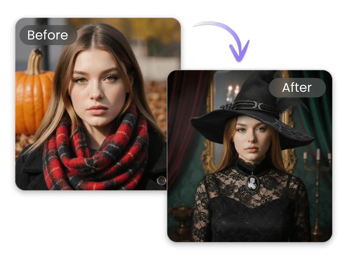 Clipfly AI witch filter effect that turning a woman into a witch