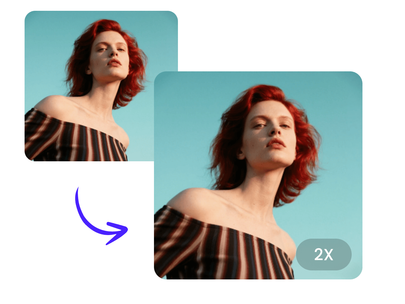 Enlarge a picture of a redheaded girl in a black and red striped one shoulder outfit with clipfly image enlarger
