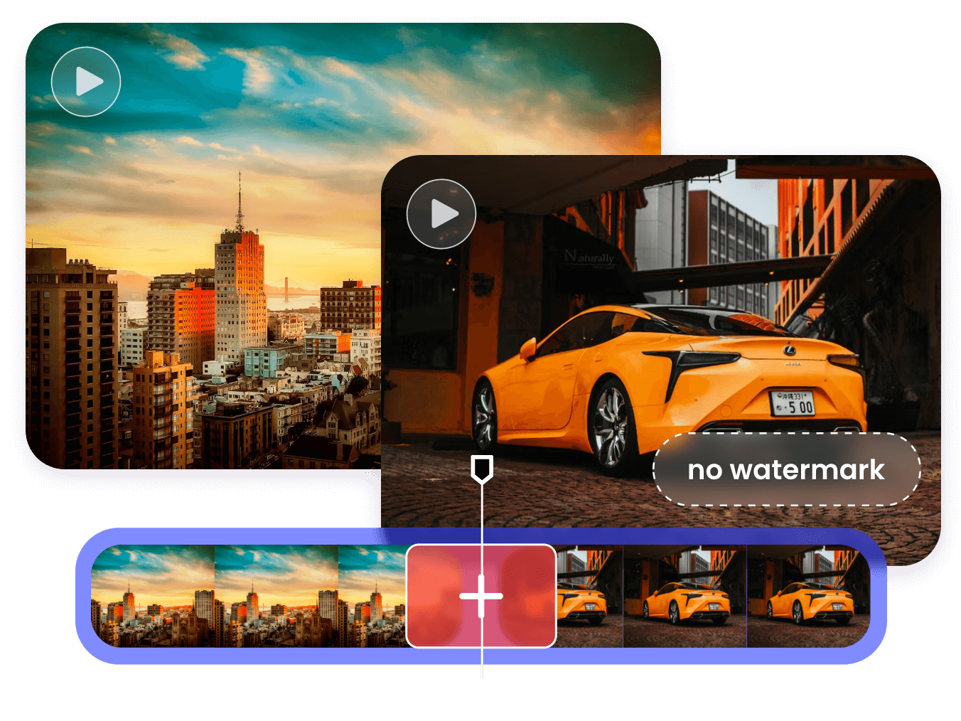 Merge a video of beautiful city scene in sunset and a video of a yellow car with clipfly video merger without watermarks