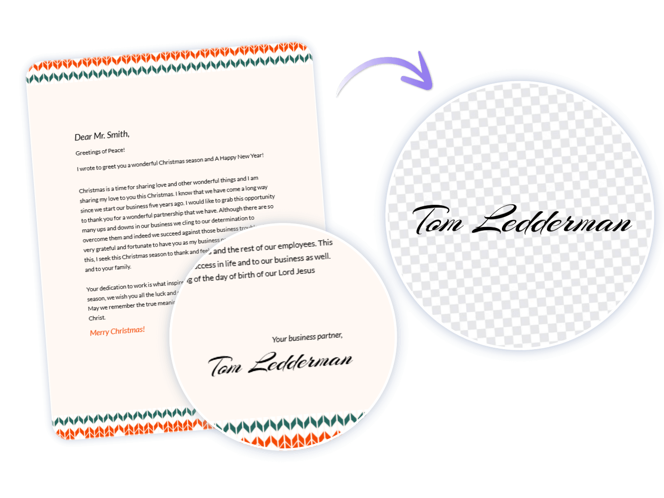Remove the background of a handwritten signature in a busniess holiday letter with clipfly