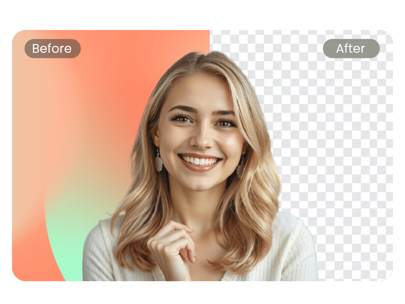 Remove the orange and green color from a photo of a girl wearing a white top with medium length golden hair and smiling with clipfly image color remover