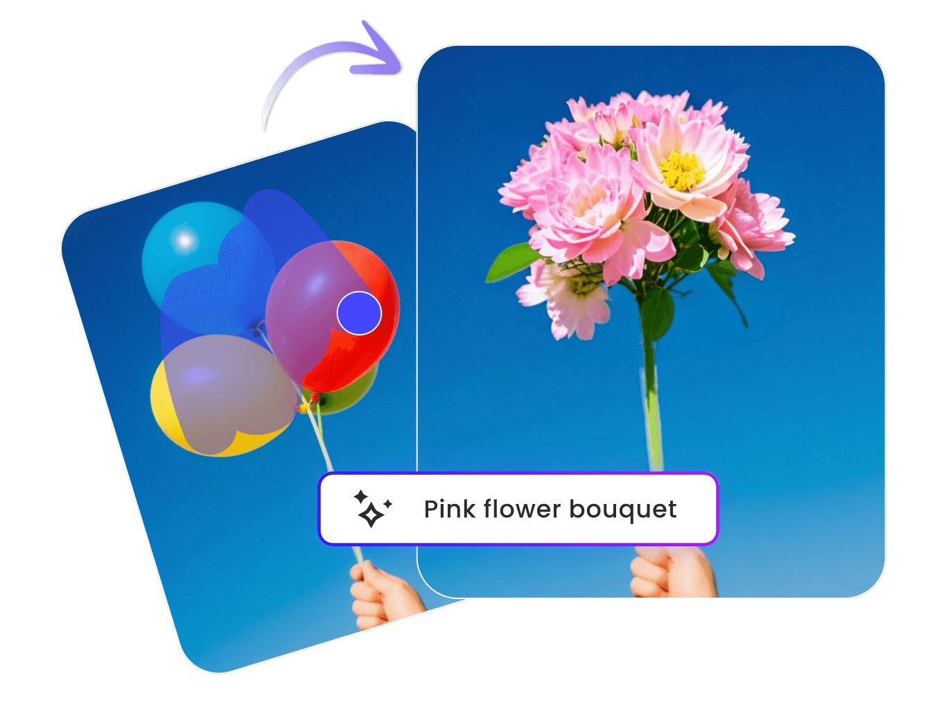 Turn balloons held in ones hand into pink flower bouquets with ai replacer
