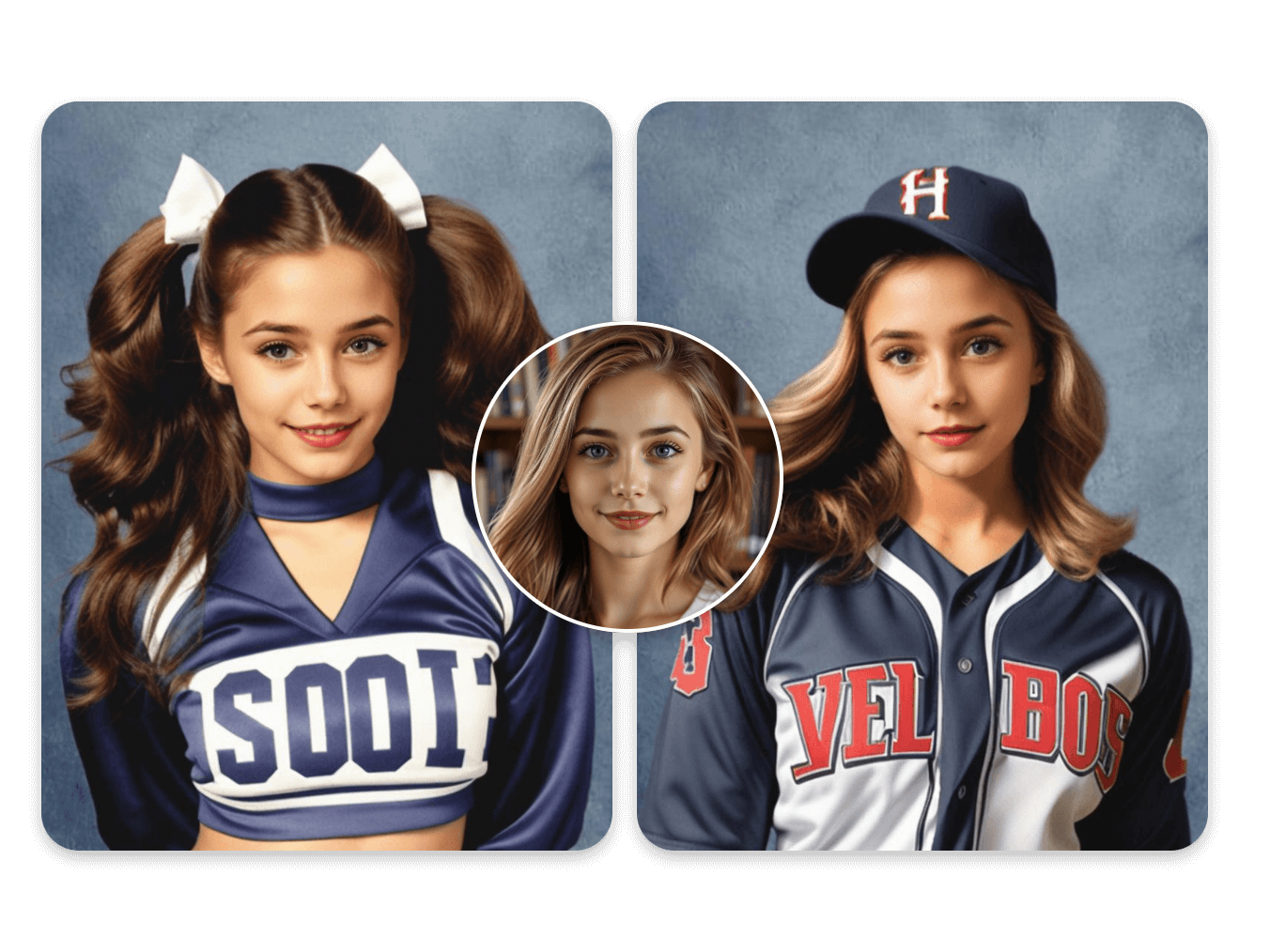 Upload a photo of a girl with golden long hair to generate two yearbook photos a cheerleader with twin ponytails and one as an athlete wearing a baseball cap with clipfly yearbook generator