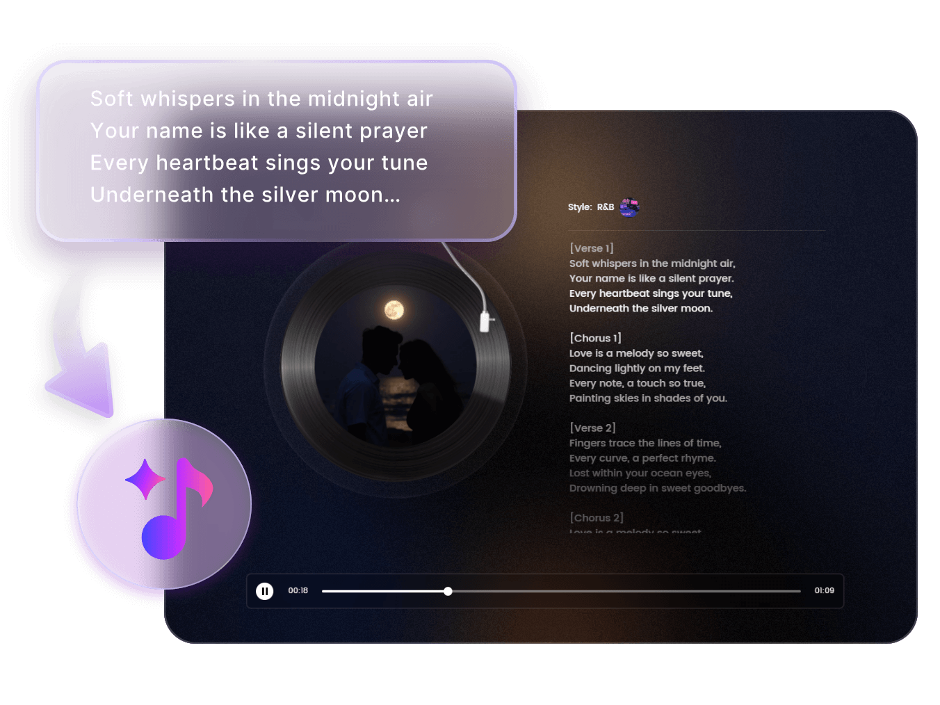 Upload lyrics about a romantic love story to the text to song generator and create a love music