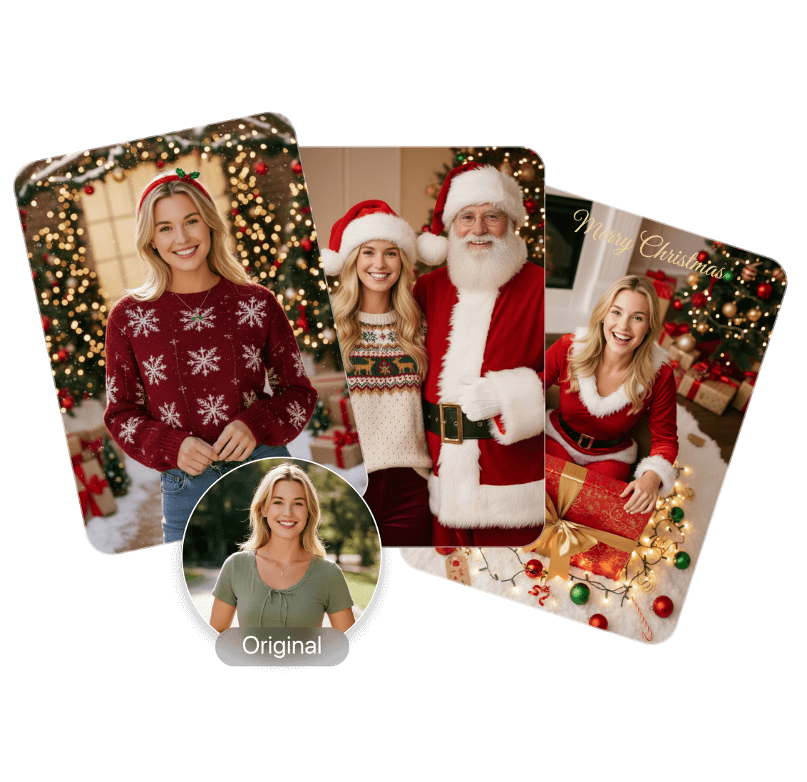 clipflyの無料aiクリスマス写真加工アプリを使い女性のポートレートにホリデーの雰囲気を加える様子