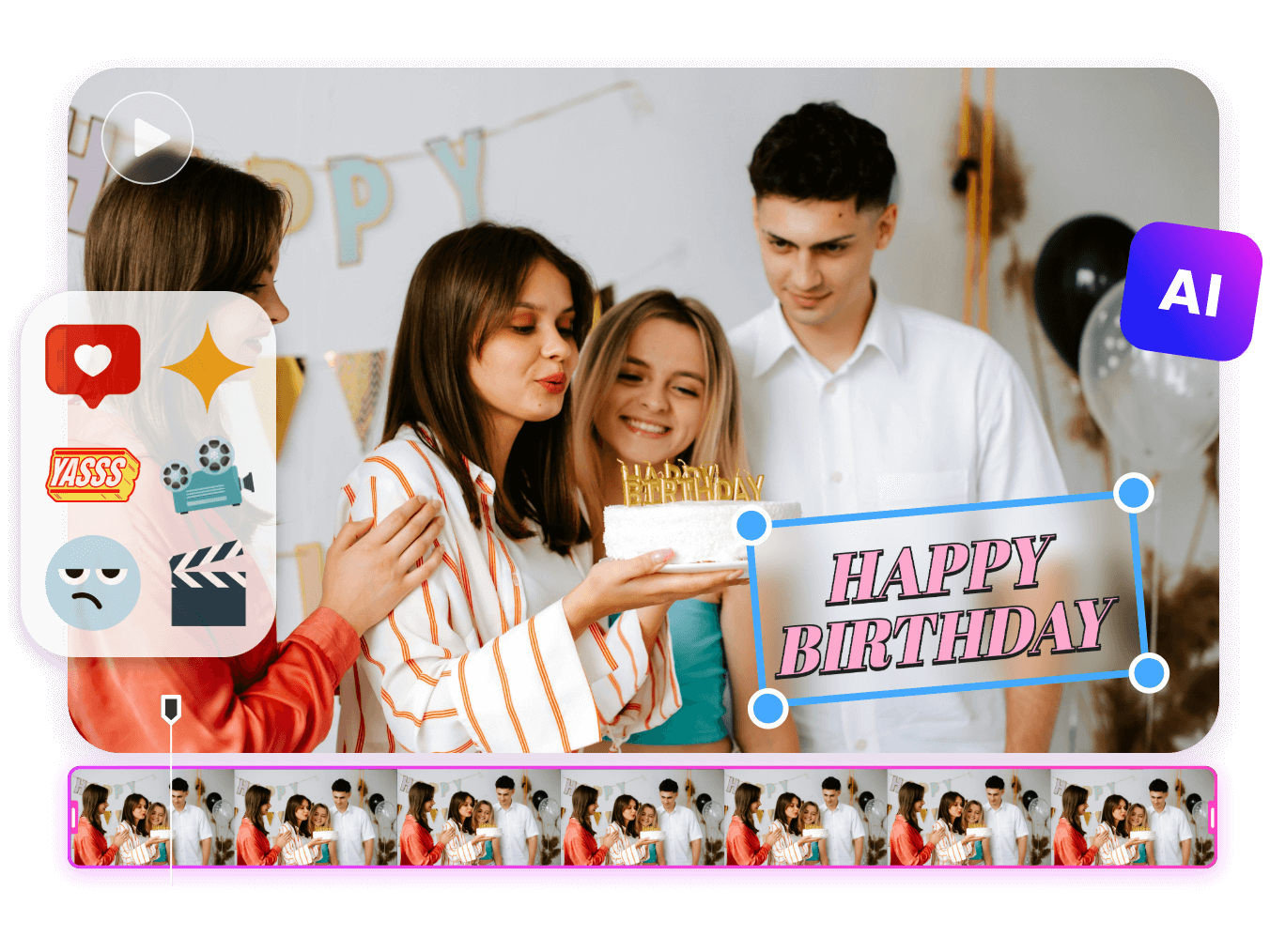 Banner for clipfly birthday video maker page showing a family celebrating their friend bday party