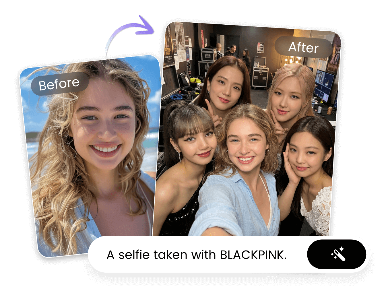 Enter a text prompt to turn a girl photo into an selfie with blackpink with clipfly