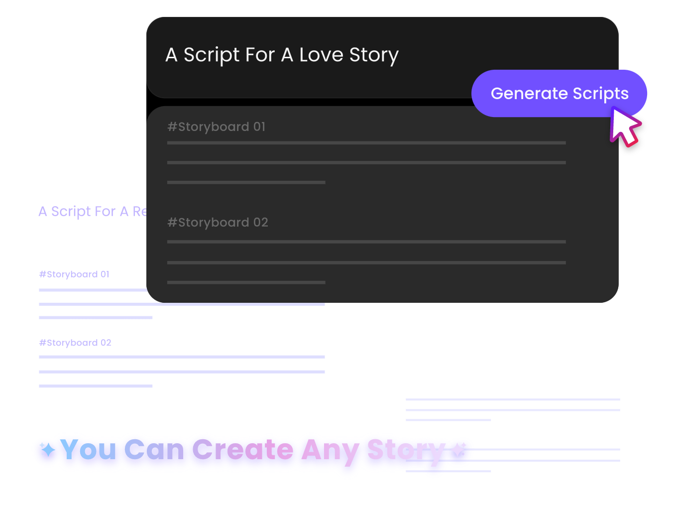 Enter text to generate a script about a love story in clipfly