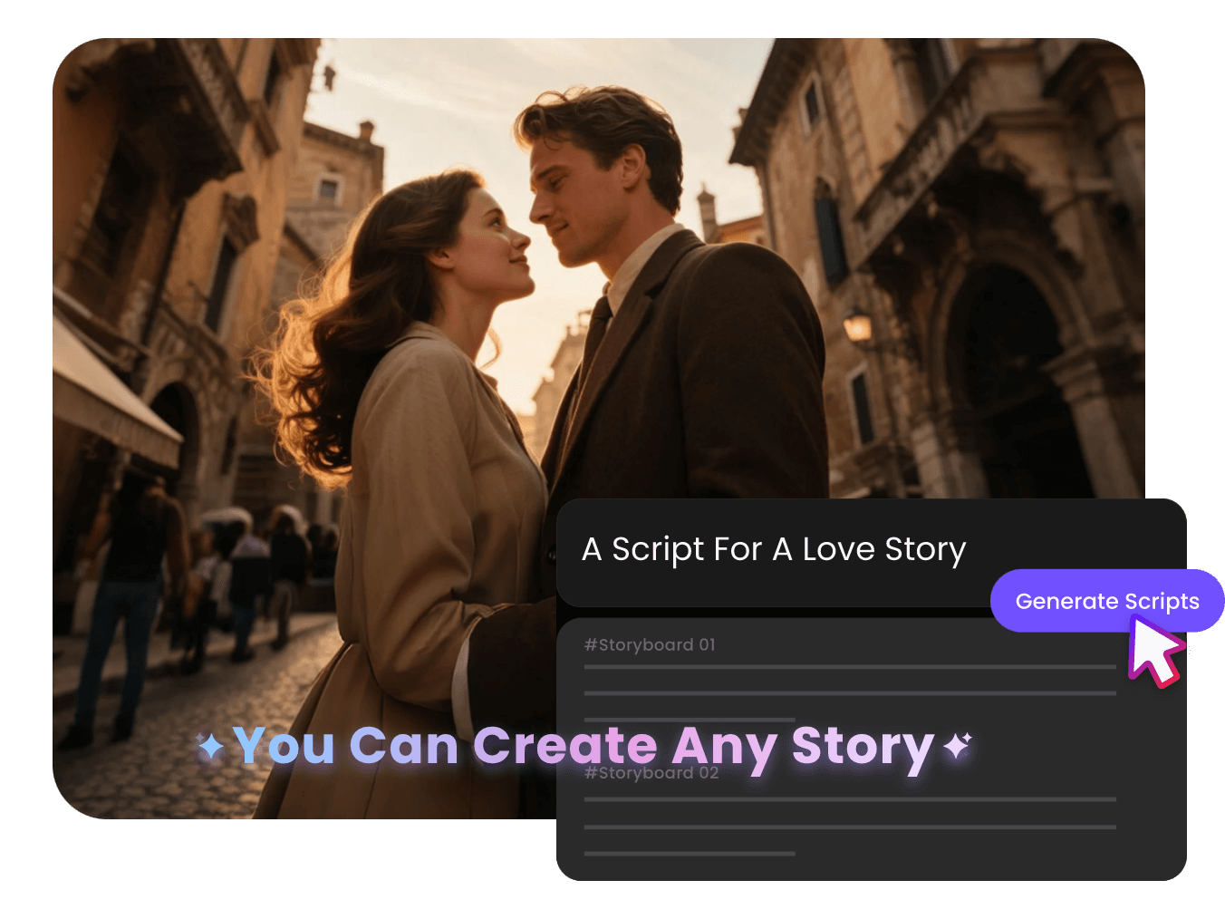 Enter text to generate a video script about a love story in clipfly