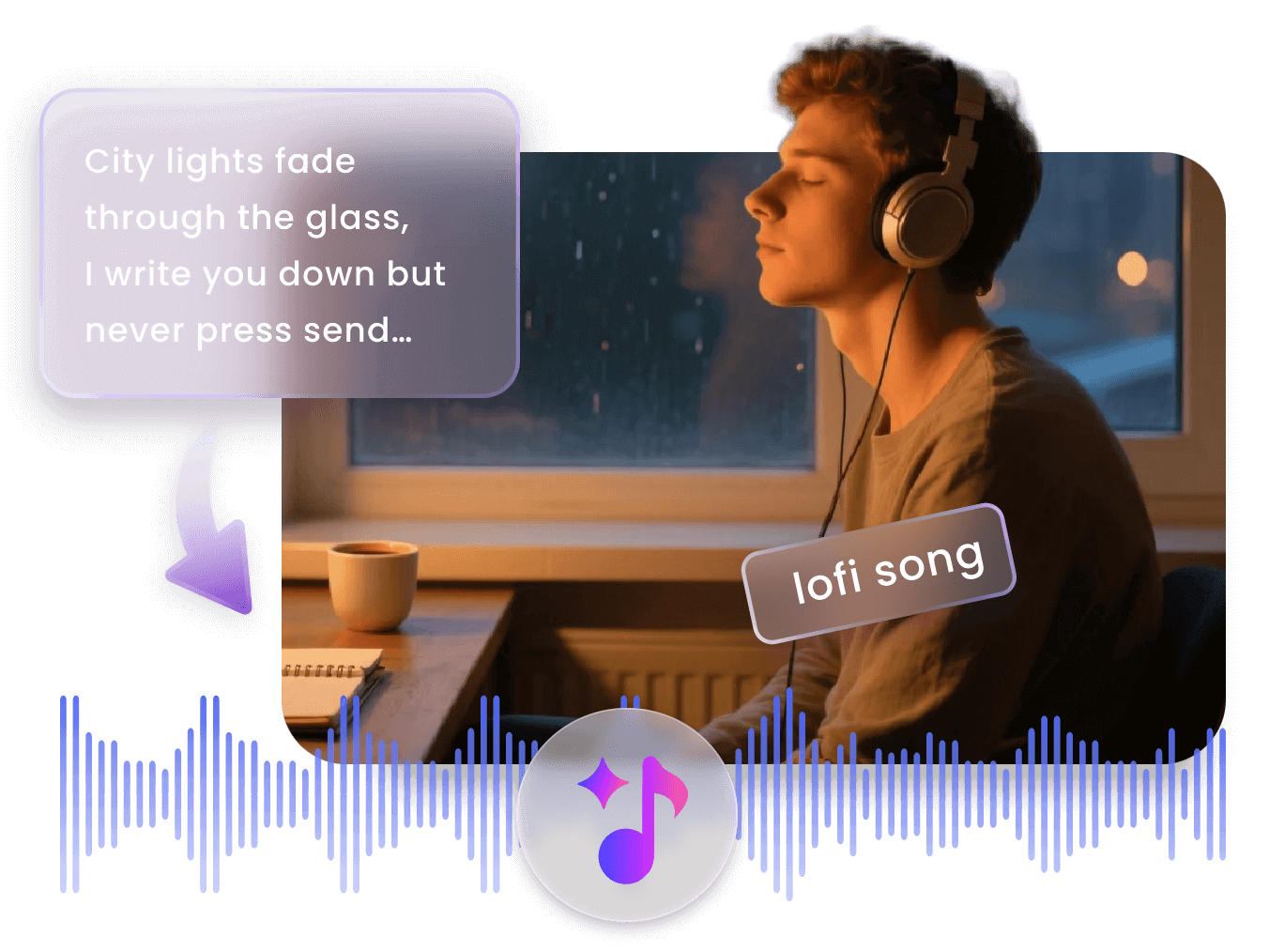 Generate a lofi song about a boy listening to music by the window at night in clipfly