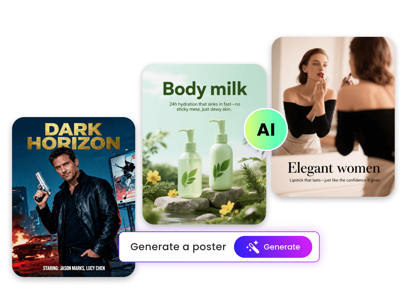 Generate a movie poster and a product poster and a fashion model poster with clipfly ai poster generator