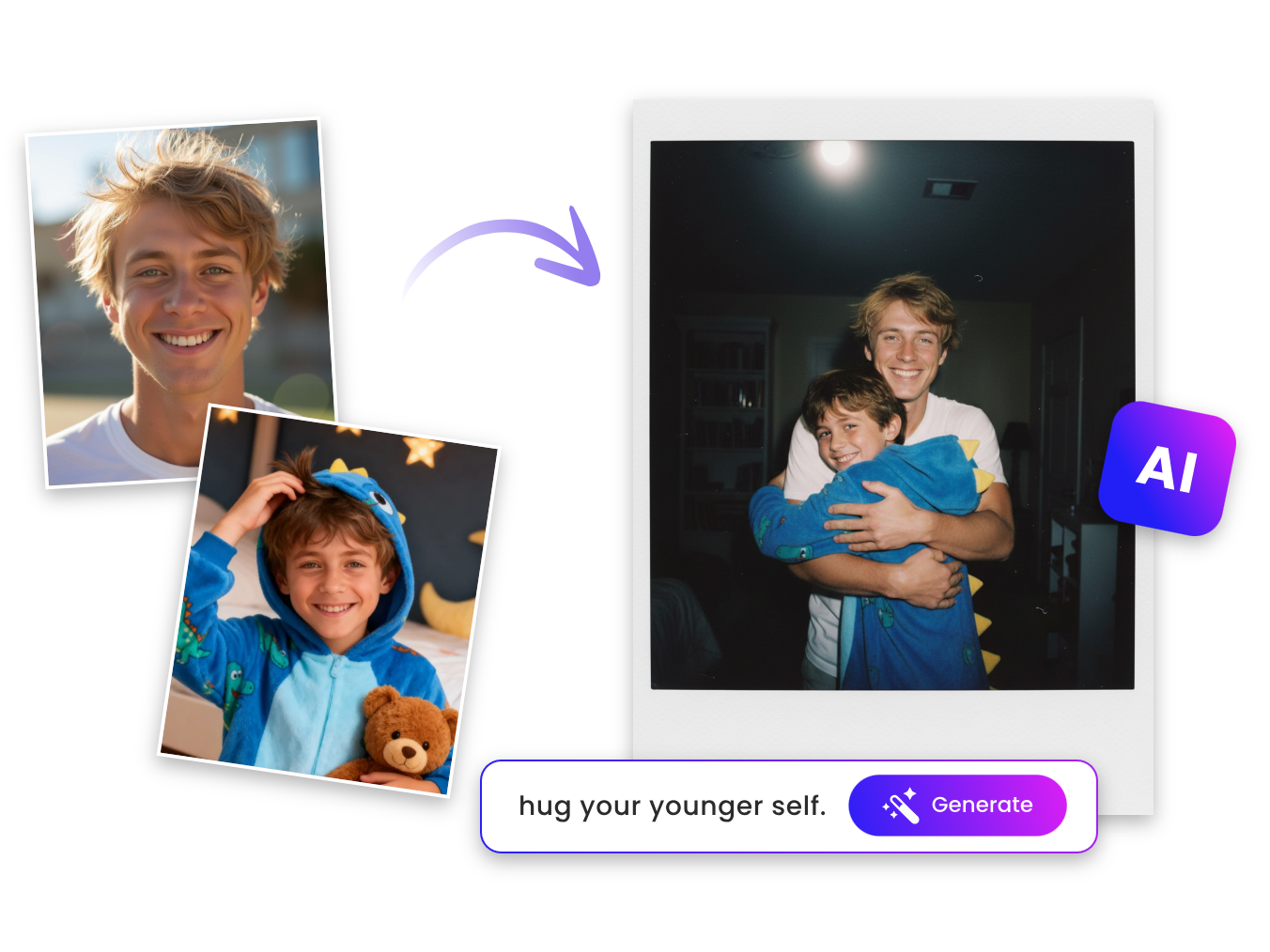 Merge the boy portrait and his younger self image into one self hug photo