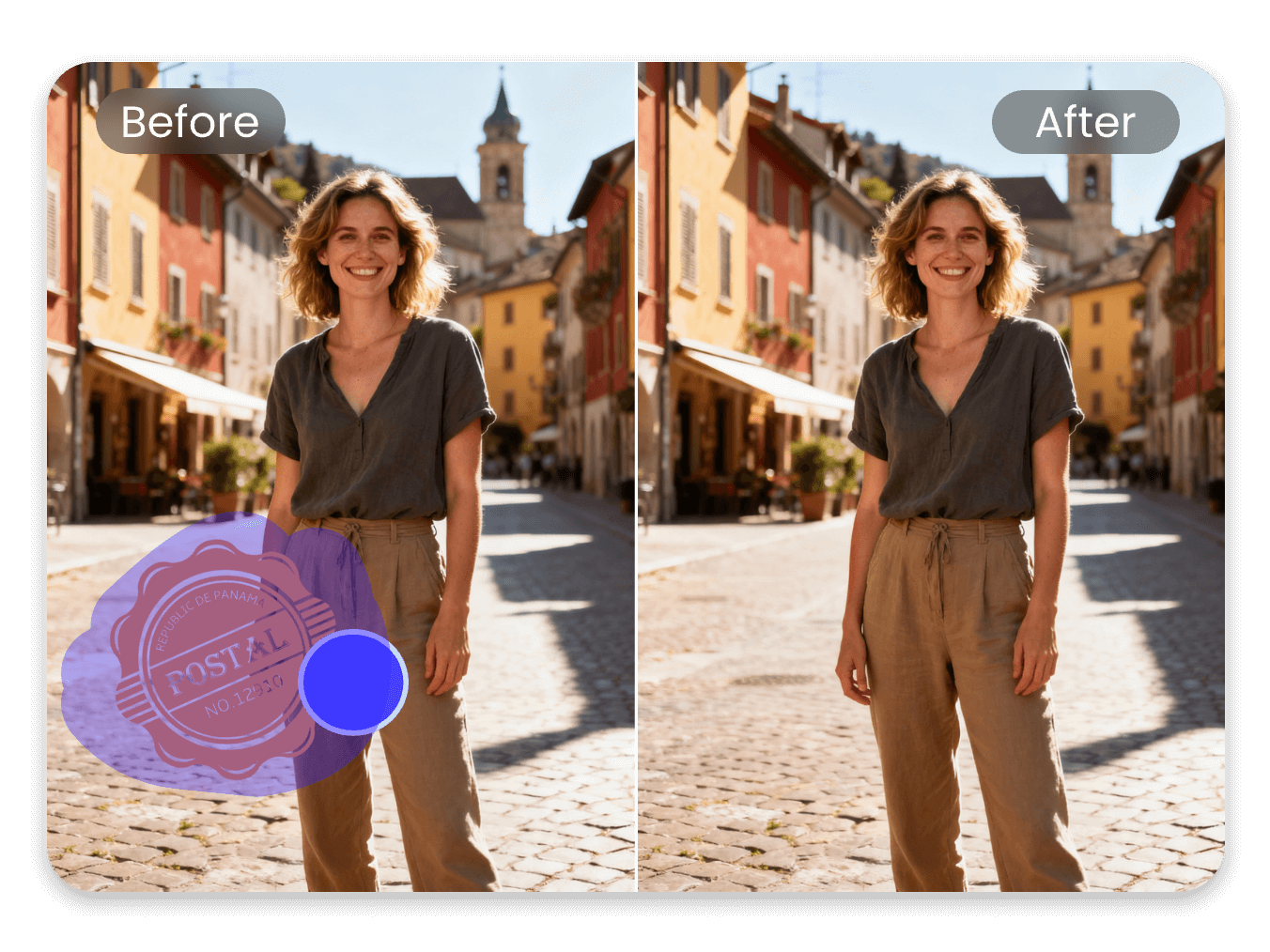 Remove timestamp from a travel photo of a woman with clipfly 1
