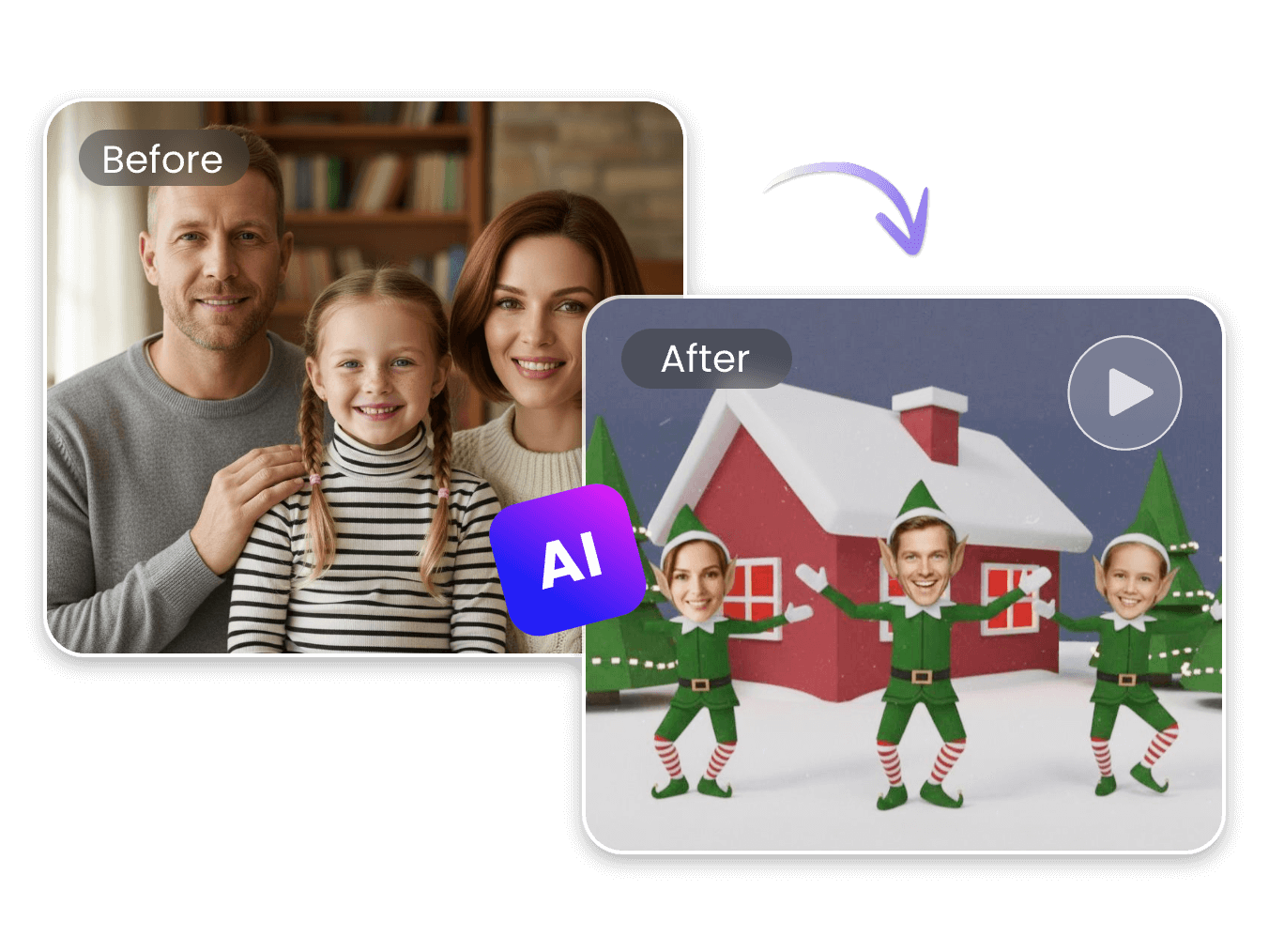 Turn a photo of a mother a father and a daughter into an elf yourself video with clipfly
