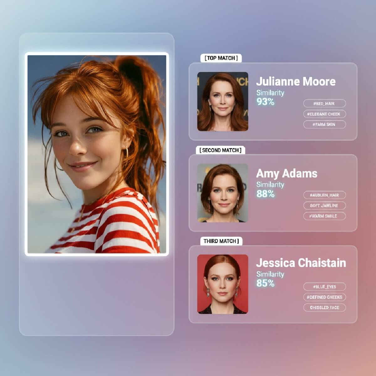 Upload a photo of a beautiful girl and generate a celebrity alike test result with similarity percentage on clipfly