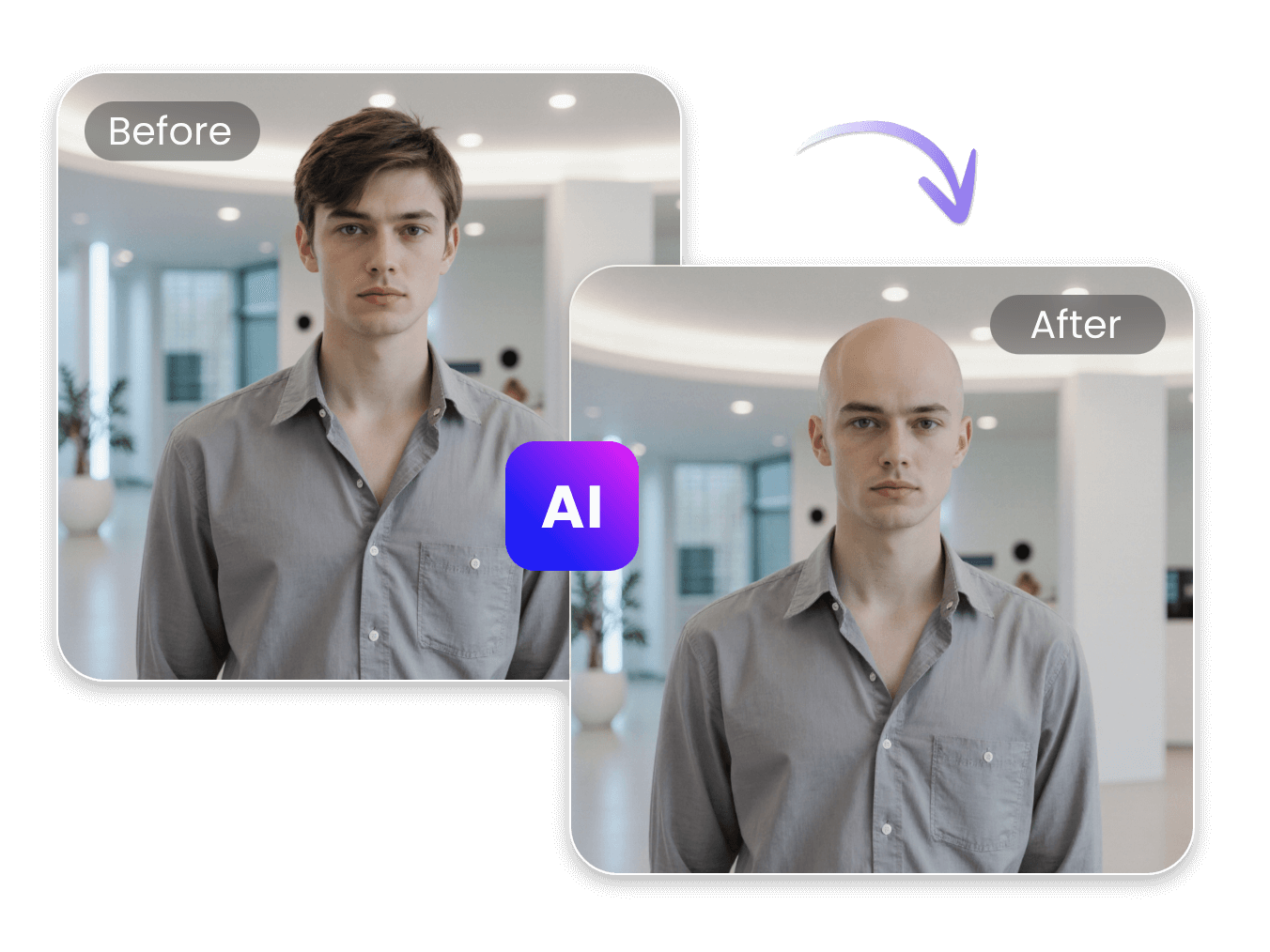Use clipfly ai bald filter to turn a mans photo into a bald head