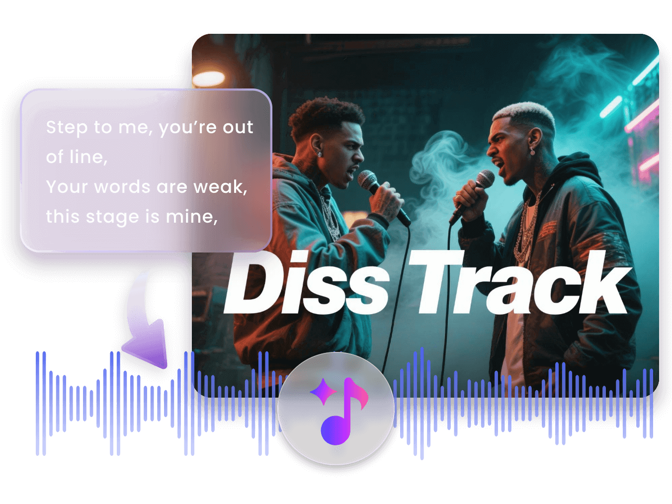 Use clipfly ai diss track generator to turn lyrics into a rap battle diss track between two people