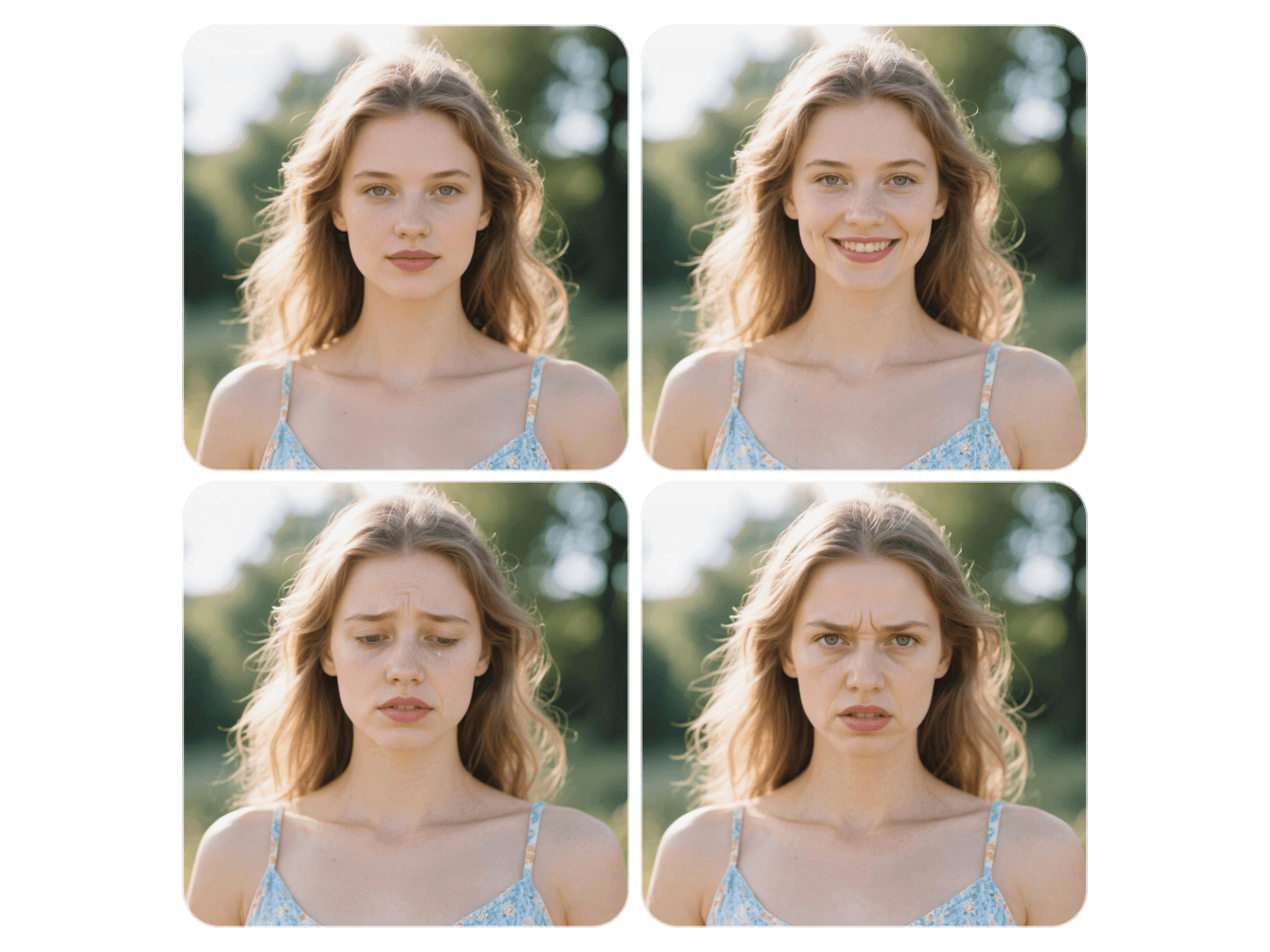 Use clipfly ai face expression changer to change the expressions of a beautiful girl to different facial expressions